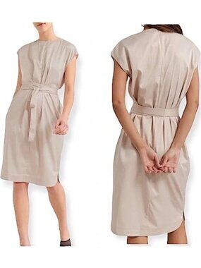 Modern Citizen Joanne Satin Sheen Minimalist Belted Midi Dress S Cream